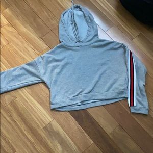 cropped gray and striped hoodie
